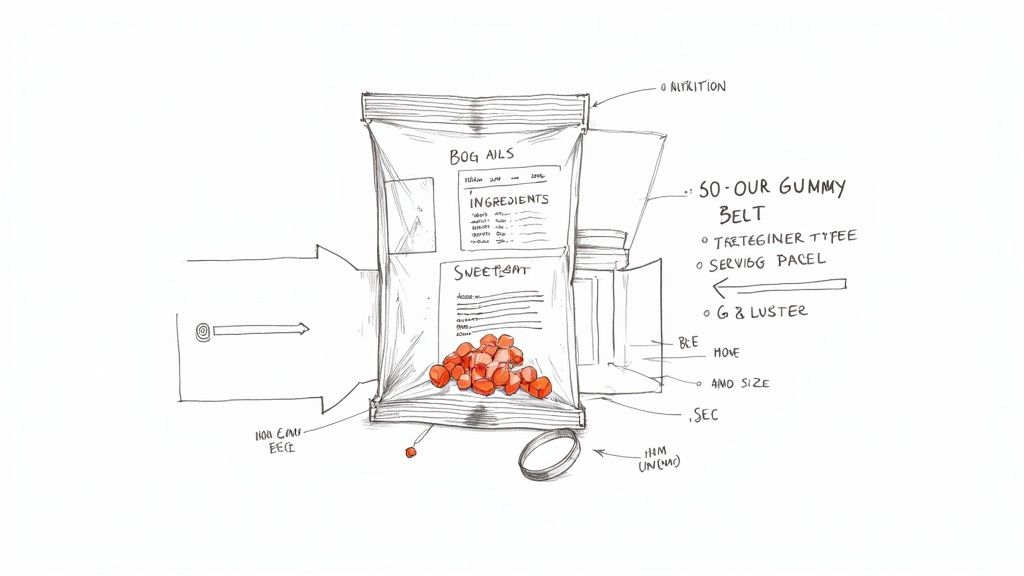 A person's hand holding a sugar-free gummy from a package while reading the nutritional information on the back.
