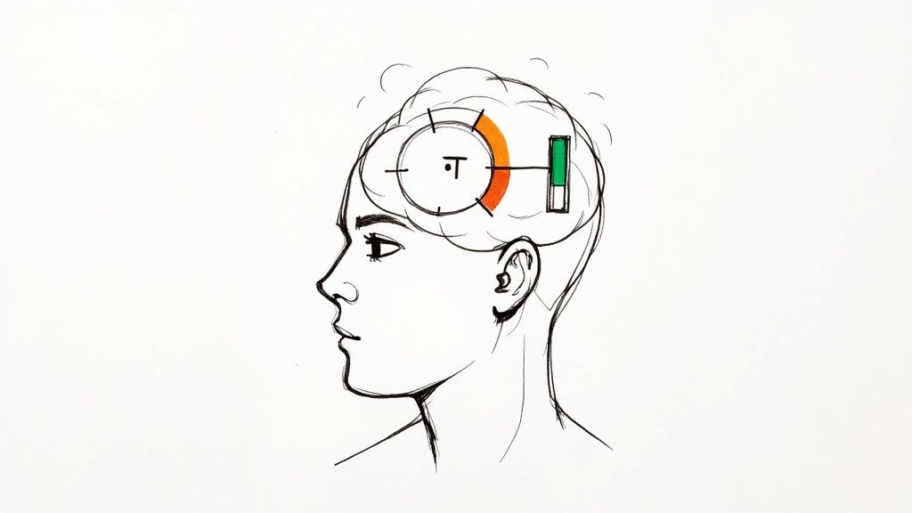 Line art illustration of a person's head with internal gauges representing mental state or energy.