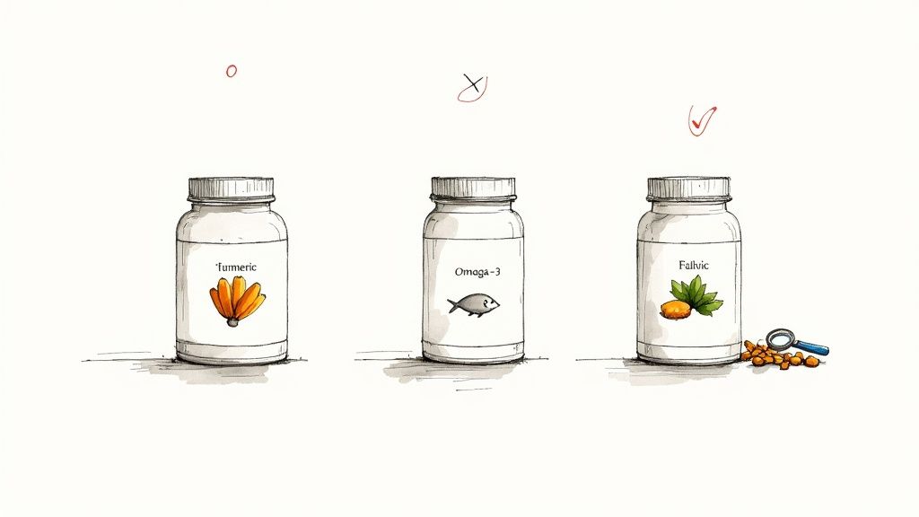 Three supplement bottles showing turmeric, omega-3, and folic acid with checkmark selection indicators