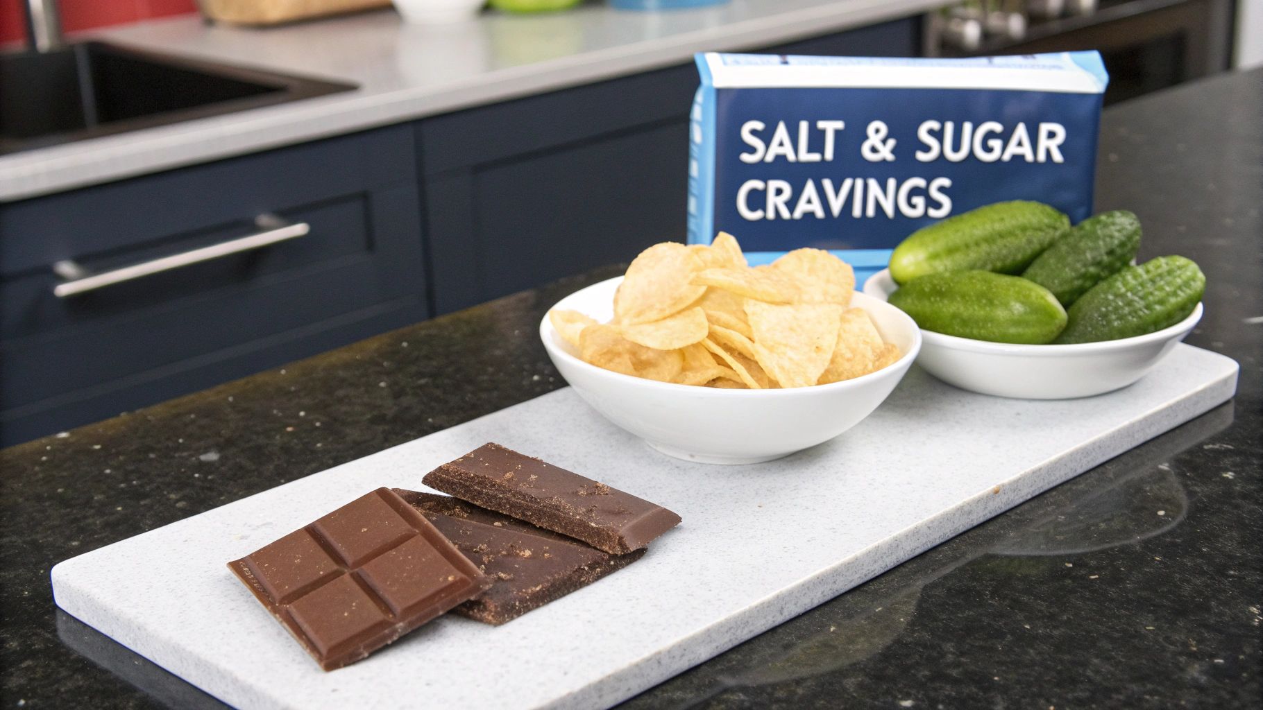 A person reaching for a bag of crisps and a chocolate bar, representing cravings.