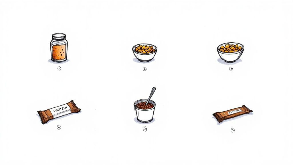 An illustration displaying various protein and vegetable snacks including a jar, bowls of lentils, protein bars, and a cup.