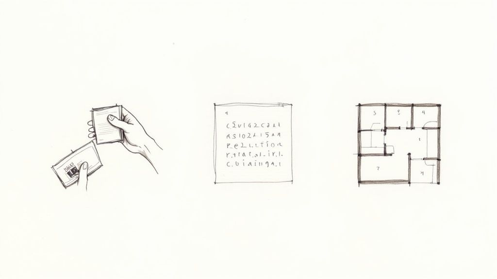 Three distinct line drawings: a hand opening a small book, abstract text, and a numbered floor plan.