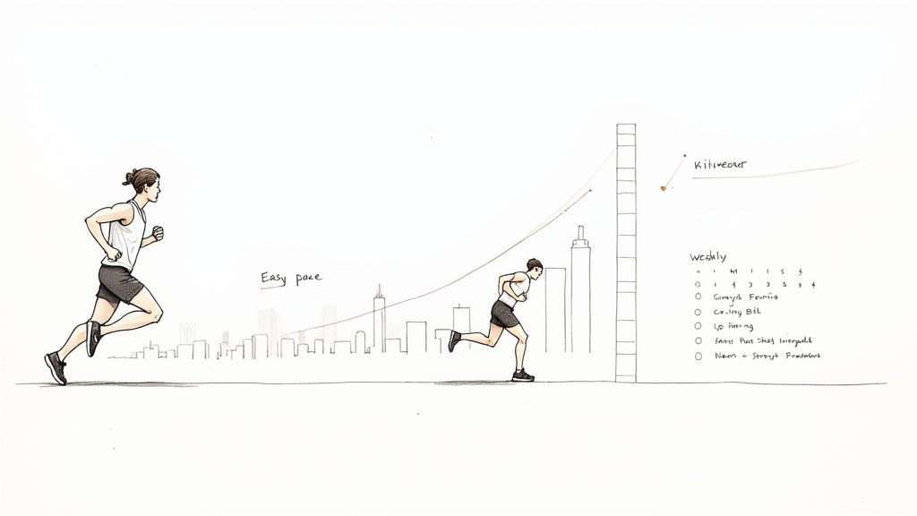 Man running on a treadmill, focused on his form.