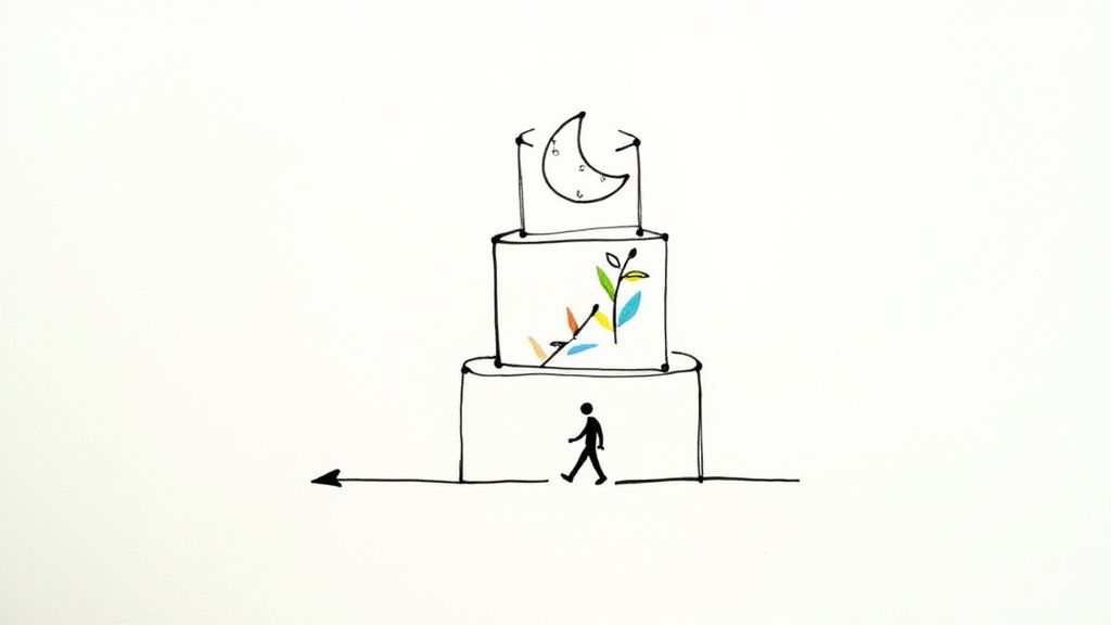 Minimalist line drawing of a person journeying towards a multi-tiered structure depicting nature and a crescent moon.