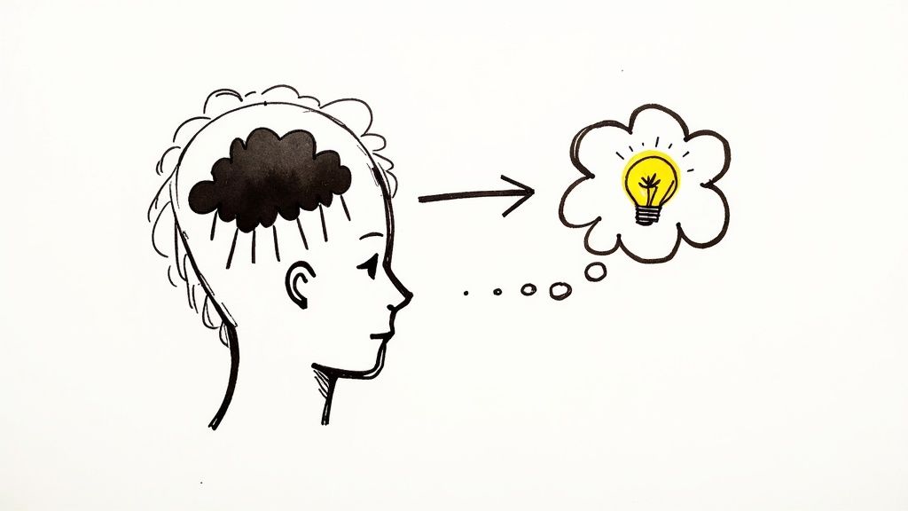 Person transforming negative thoughts into positive ideas, dark cloud becoming lightbulb illustration