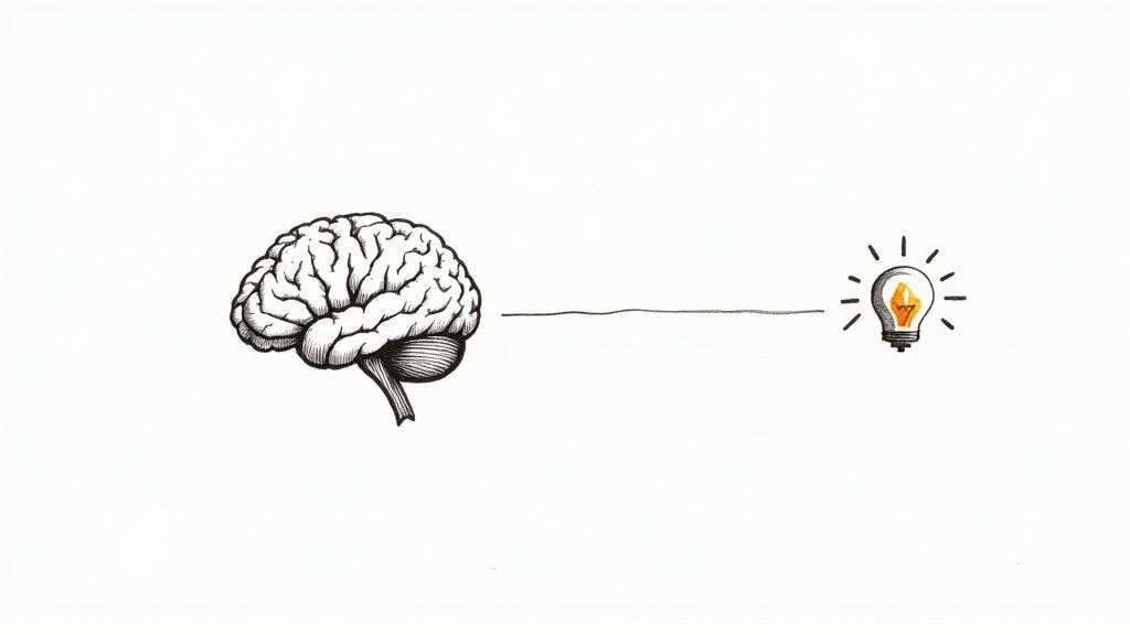 A hand-drawn human brain connected by a line to a glowing light bulb, symbolizing ideas and innovation.