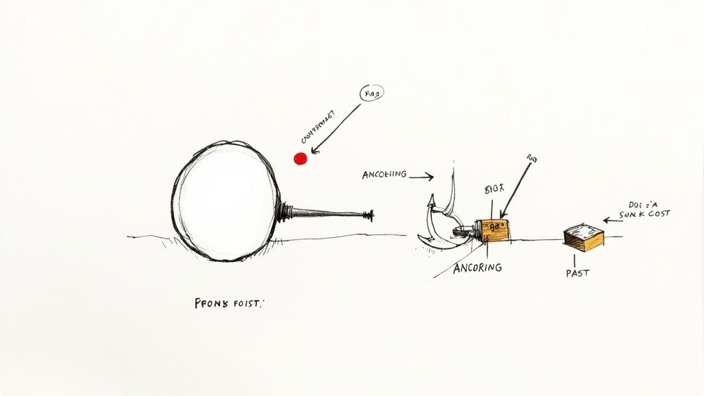 Man looking at a complex web of interconnected nodes, representing cognitive biases