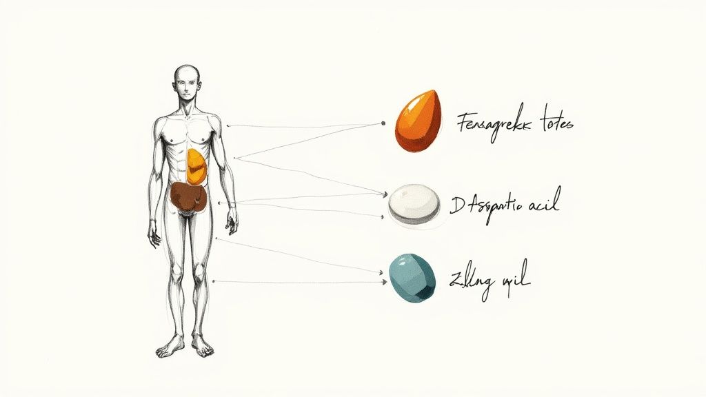 A bottle of supplements next to a few scattered pills