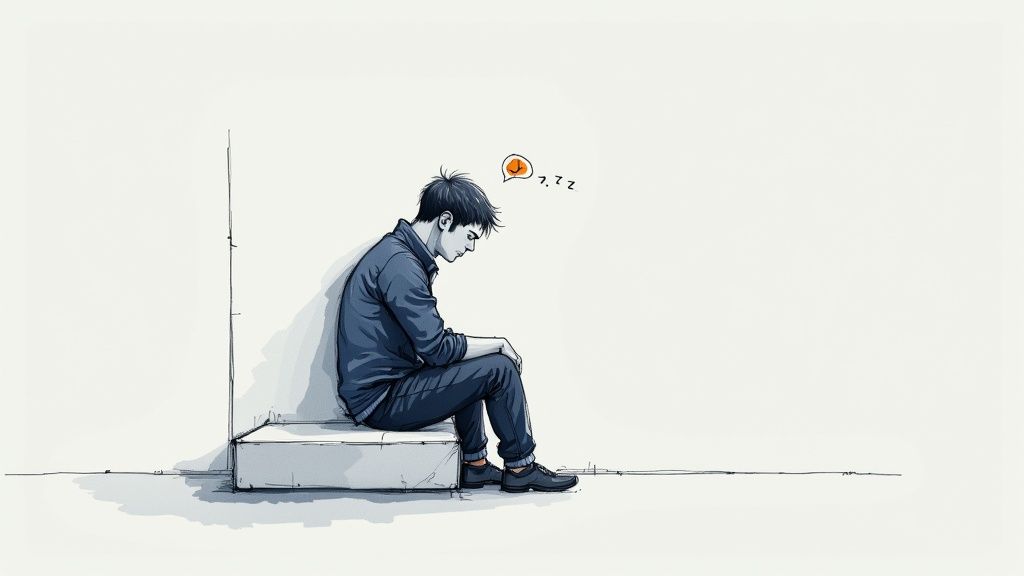 Tired exhausted young man sitting alone against wall showing fatigue and low energy symptoms