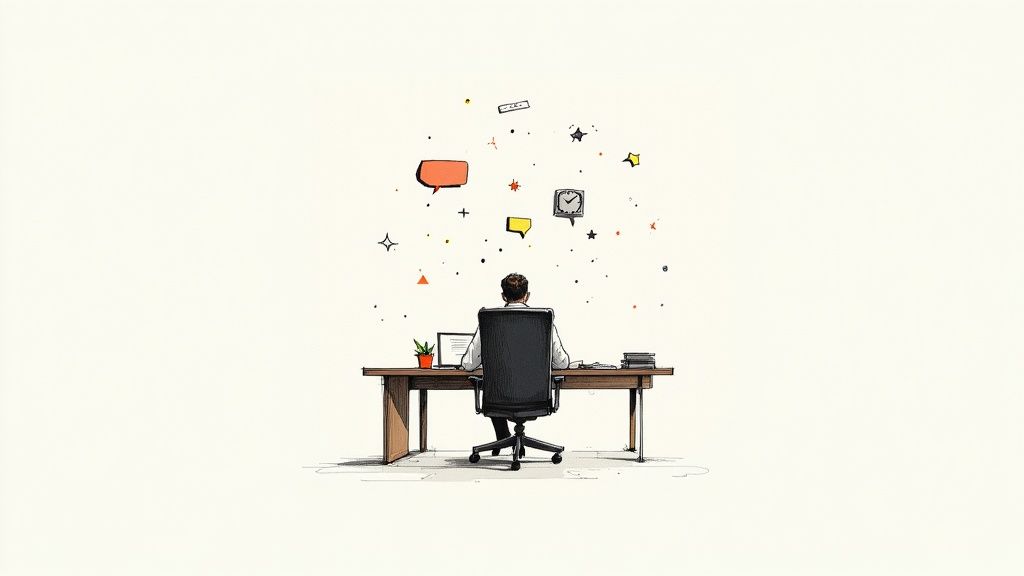 Professional working at desk with floating communication icons representing productivity and workflow management