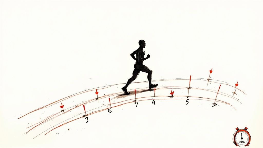 A male runner in motion on a track, focused on his training session