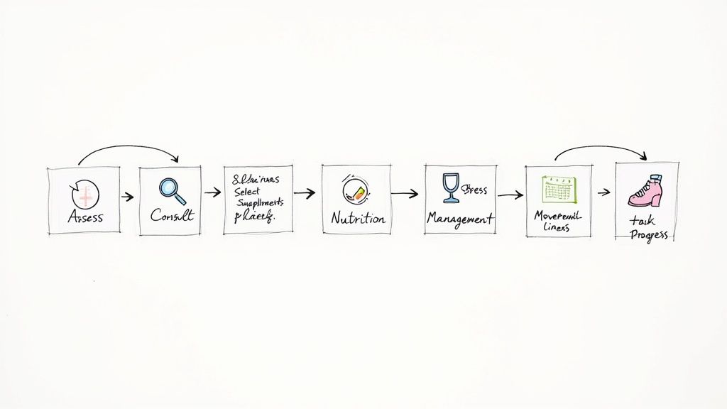 Flowchart showing seven steps for women's health: Assess, Consult, Supplements, Nutrition, Stress Management, Movement, and Progress.