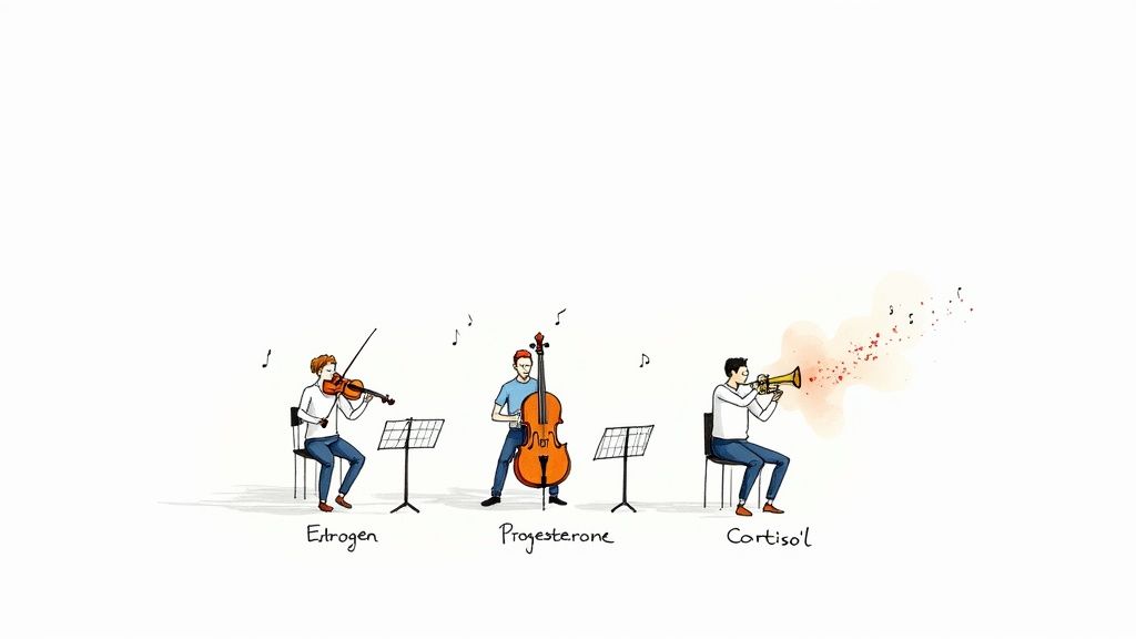 Cartoon illustration of three musicians representing Estrogen, Progesterone, and Cortisol playing instruments.