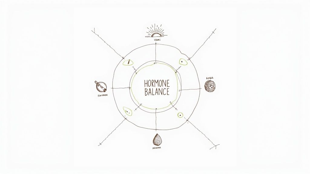 Diagram illustrating hormone balance, surrounded by natural elements like flax seeds, pumpkin, and sunrise.