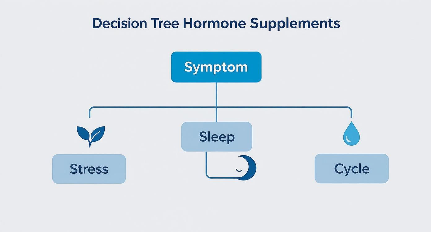 Decision tree flowchart illustrating symptoms that branch into stress, sleep, and cycle for hormone supplements.