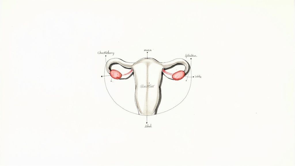 A bottle of supplements surrounded by natural ingredients.