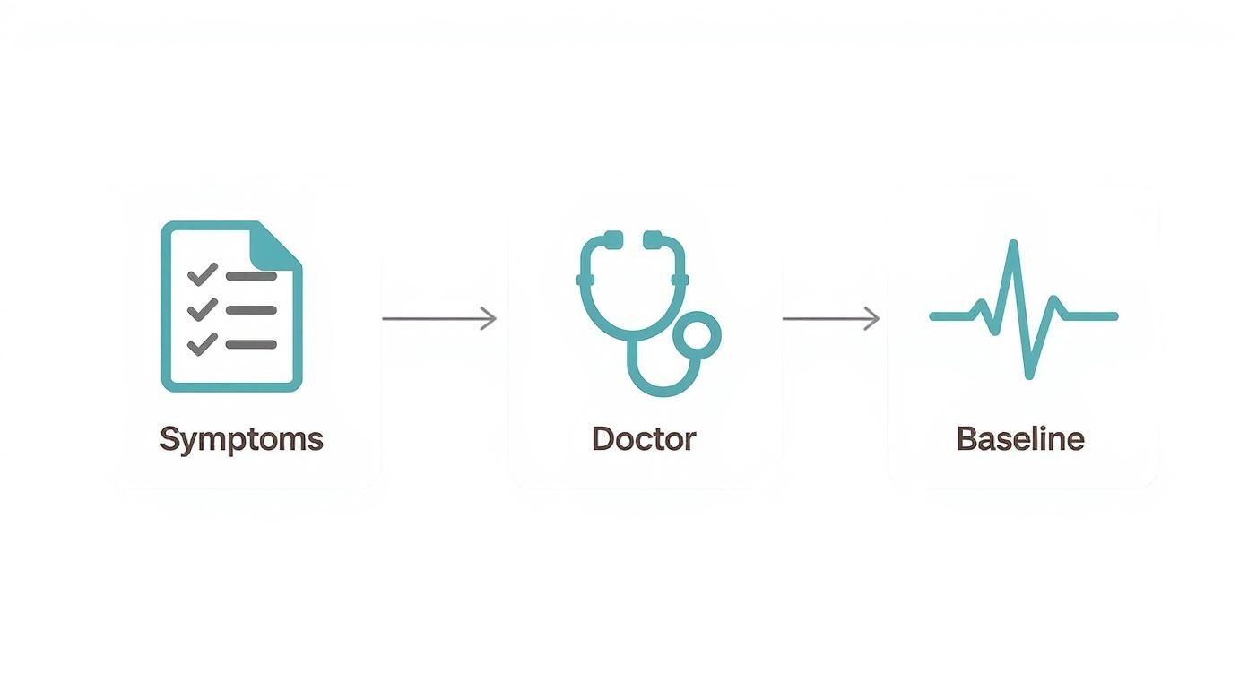 Medical diagnosis process flowchart showing symptoms leading to doctor consultation and baseline health assessment