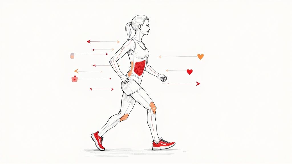 A line art illustration of a person walking, highlighting areas of their torso, thigh, and knees, surrounded by health-related icons and arrows.