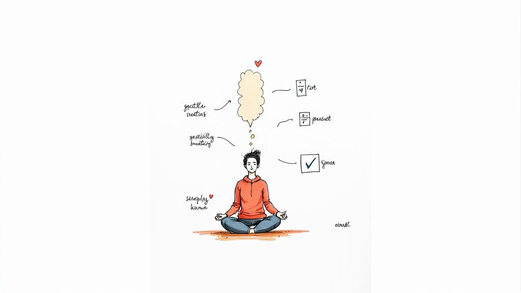 Person meditating in lotus pose with thought bubble showing gentle routines, rest, mindset and yoga practice