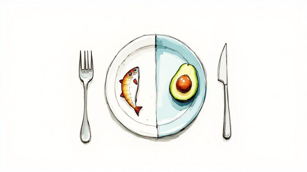 A top-down view of a colourful, healthy meal in a bowl, featuring leafy greens, grains, and protein.