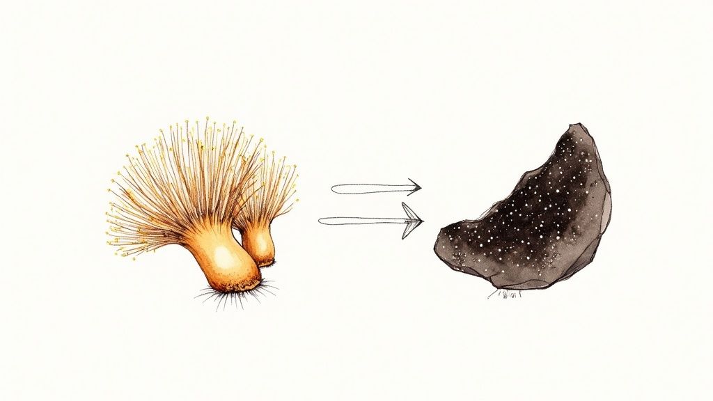 Two hands holding different natural supplements, with a dark, textured background suggesting natural ingredients.