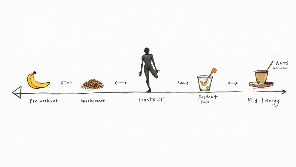 An illustrated timeline showing a fitness routine with pre-workout banana, exercise, and various post-workout snacks.
