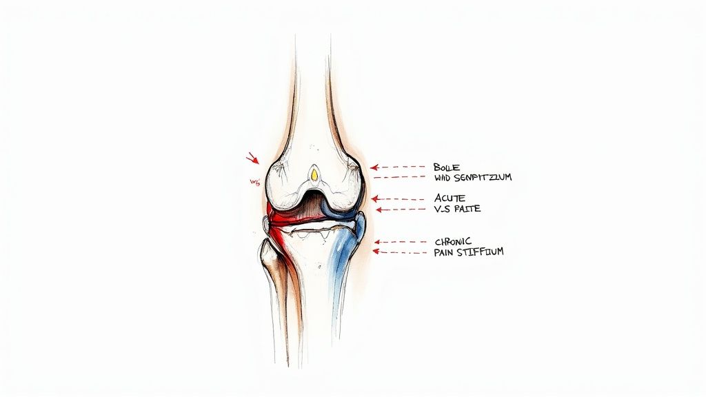Medical diagram showing knee joint anatomy with bone spur, acute versus chronic pain, and inflammation areas labeled
