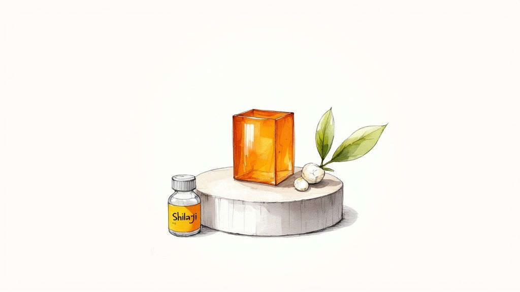 A hand holding a dark-coloured gummy from a small pile, with a package in the background.