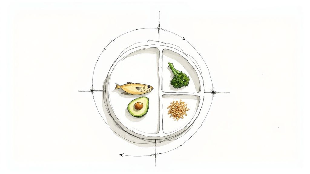 A vibrant and colourful bowl of healthy food including salmon, avocado, and vegetables, representing a hormone-balancing meal.