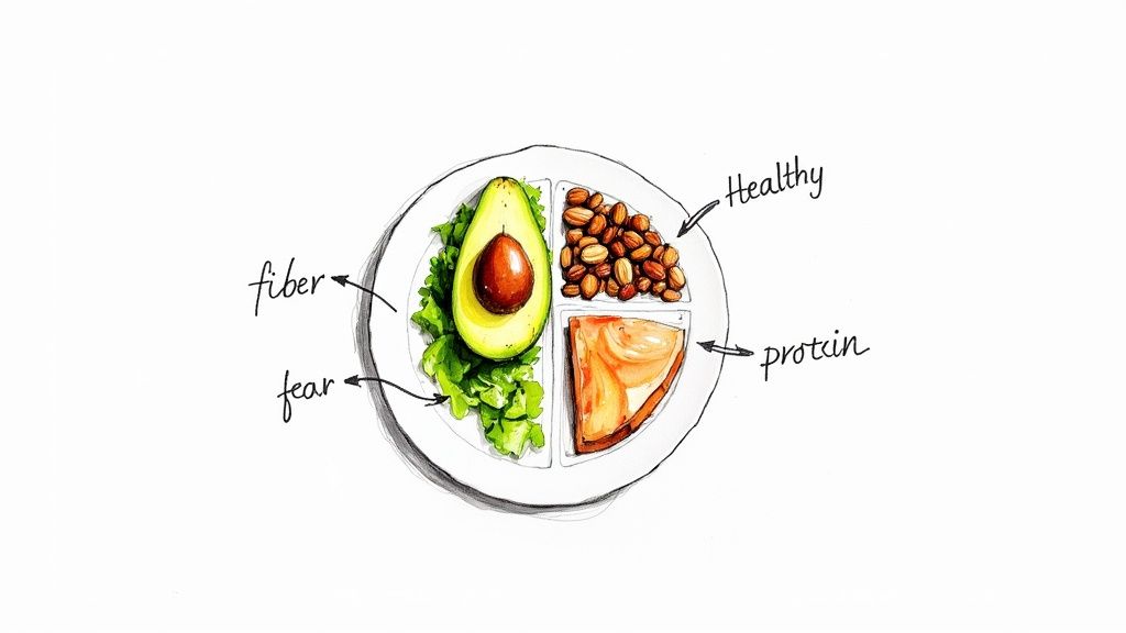 A colourful plate of whole foods, including vegetables, healthy fats, and lean protein.