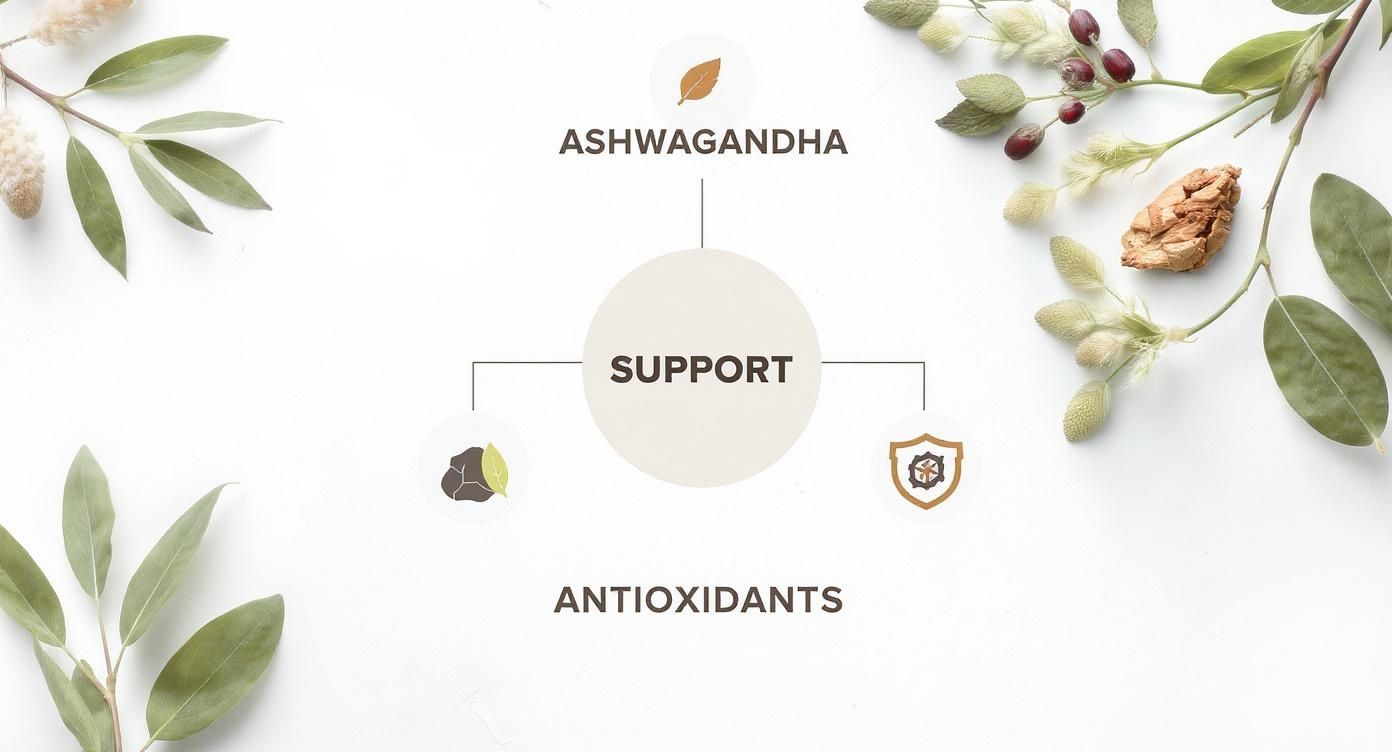 Ashwagandha root and leaves display showing antioxidant support properties for natural wellness