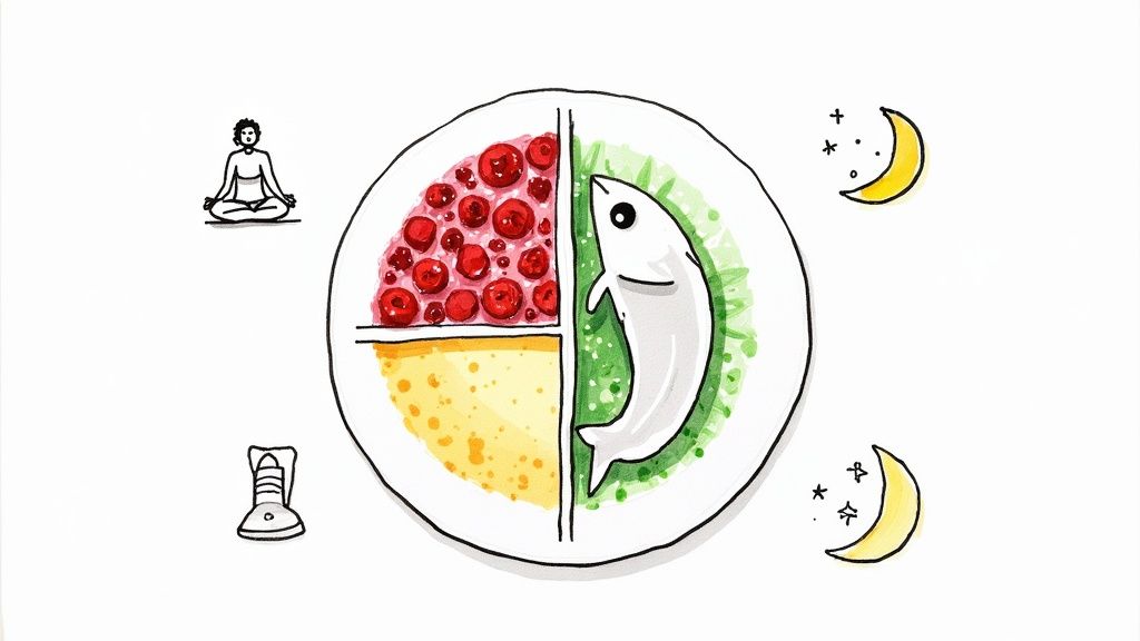 A vibrant plate of anti-inflammatory foods like salmon, berries, and leafy greens