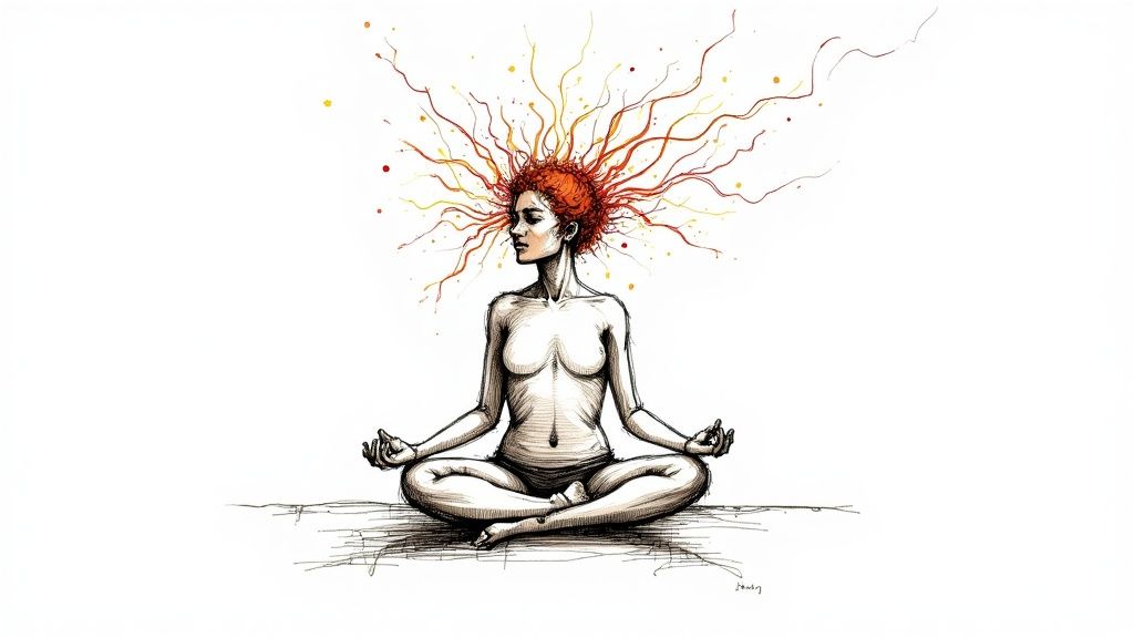 A person sitting in a calm, mindful pose in a natural setting.