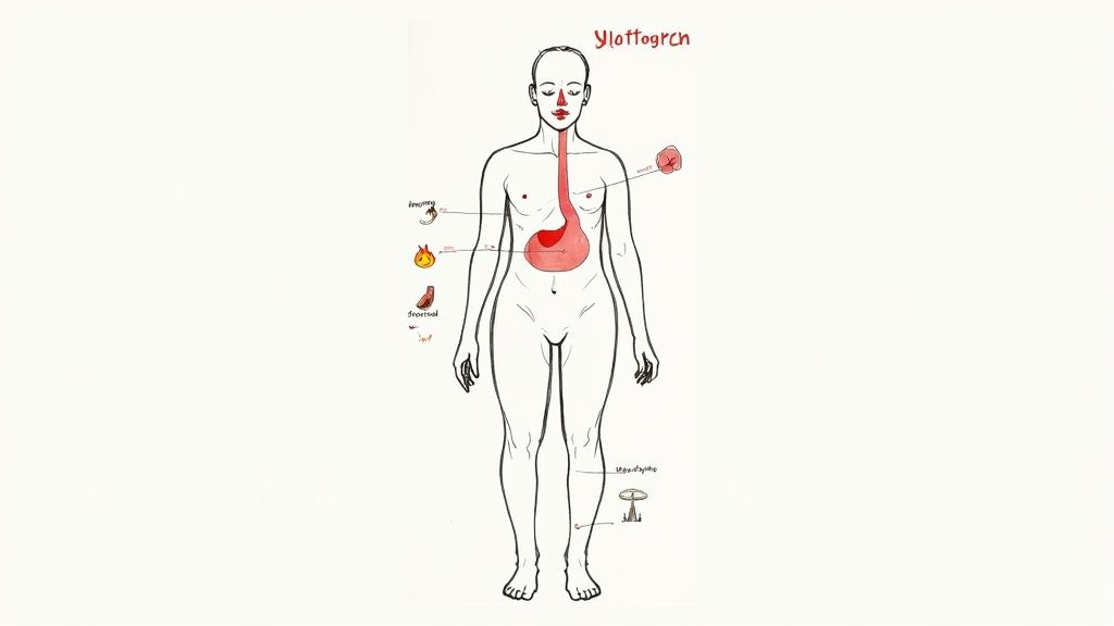 A collection of natural wellness items including a bottle, herbs, and a crystal, arranged on a textured surface.