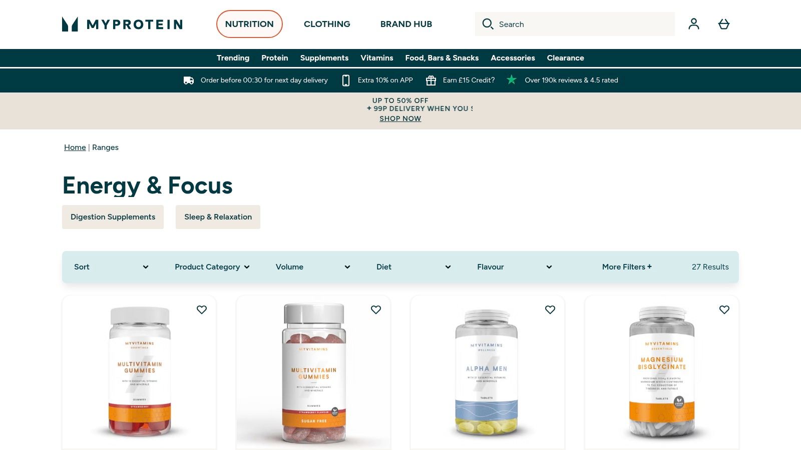 Myprotein UK website homepage showing a range of supplements with a clean and modern design.