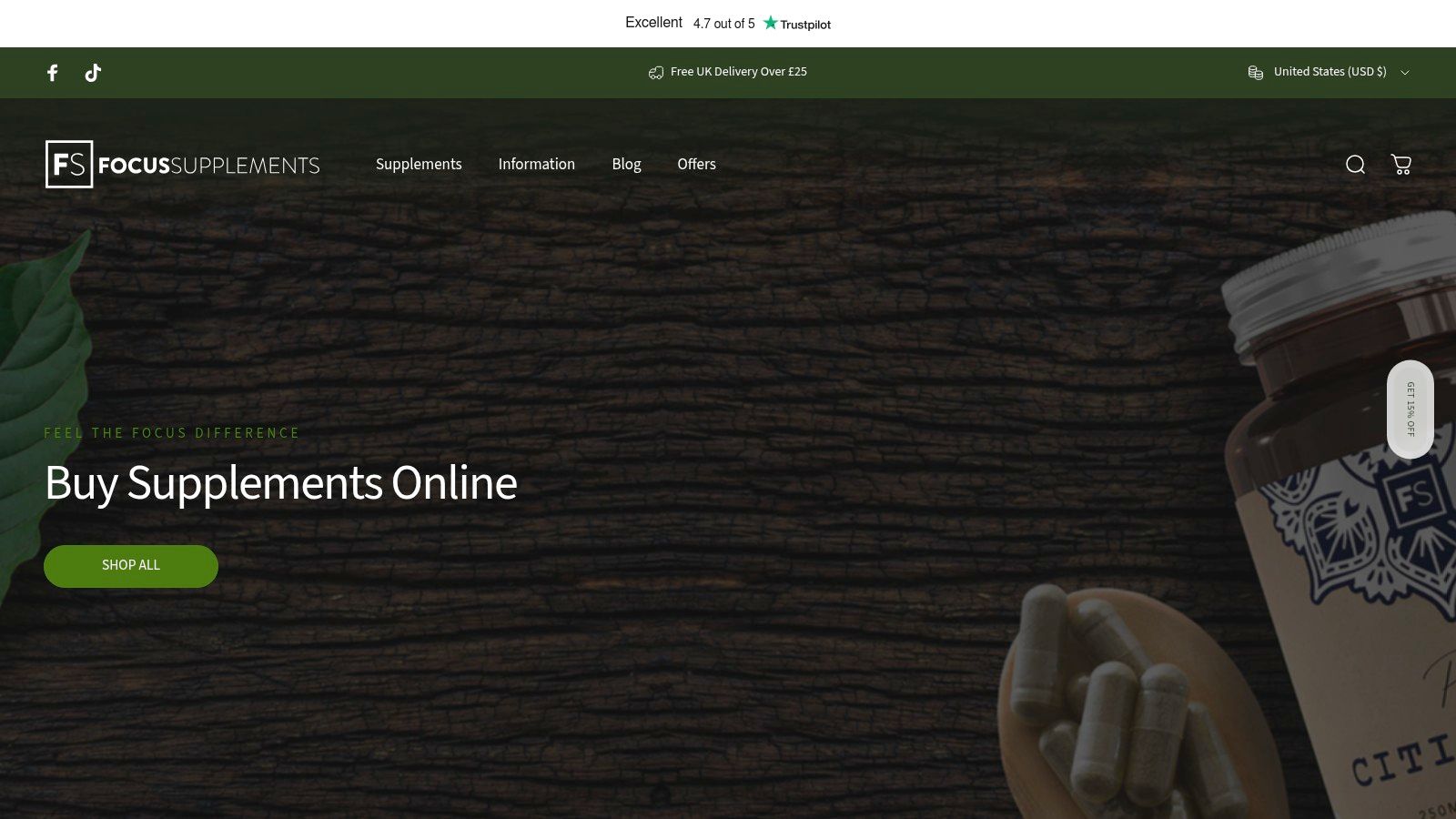 Focus Supplements website homepage featuring various supplement bottles and a clean, professional design.