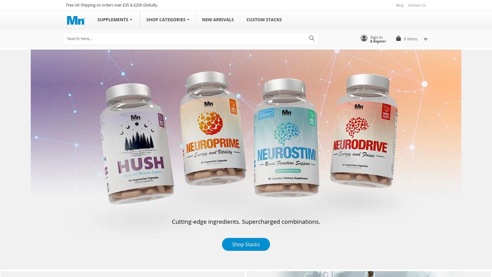 Mind Nutrition website screenshot showcasing their product selection and branding.