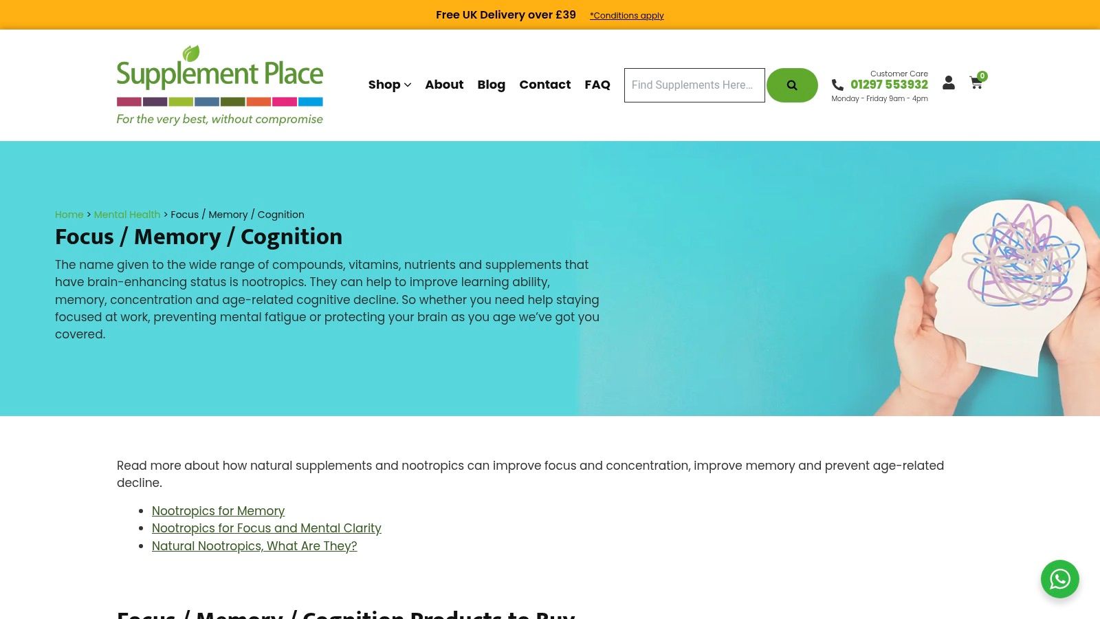 Supplement Place website showing their focus, memory, and cognition supplements.