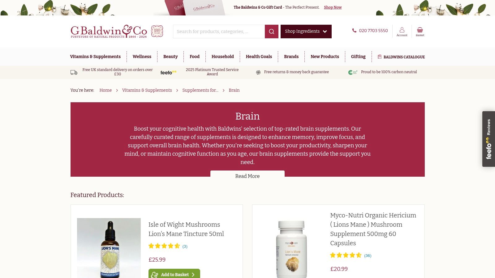 G. Baldwin & Co website showing their brain health supplements.