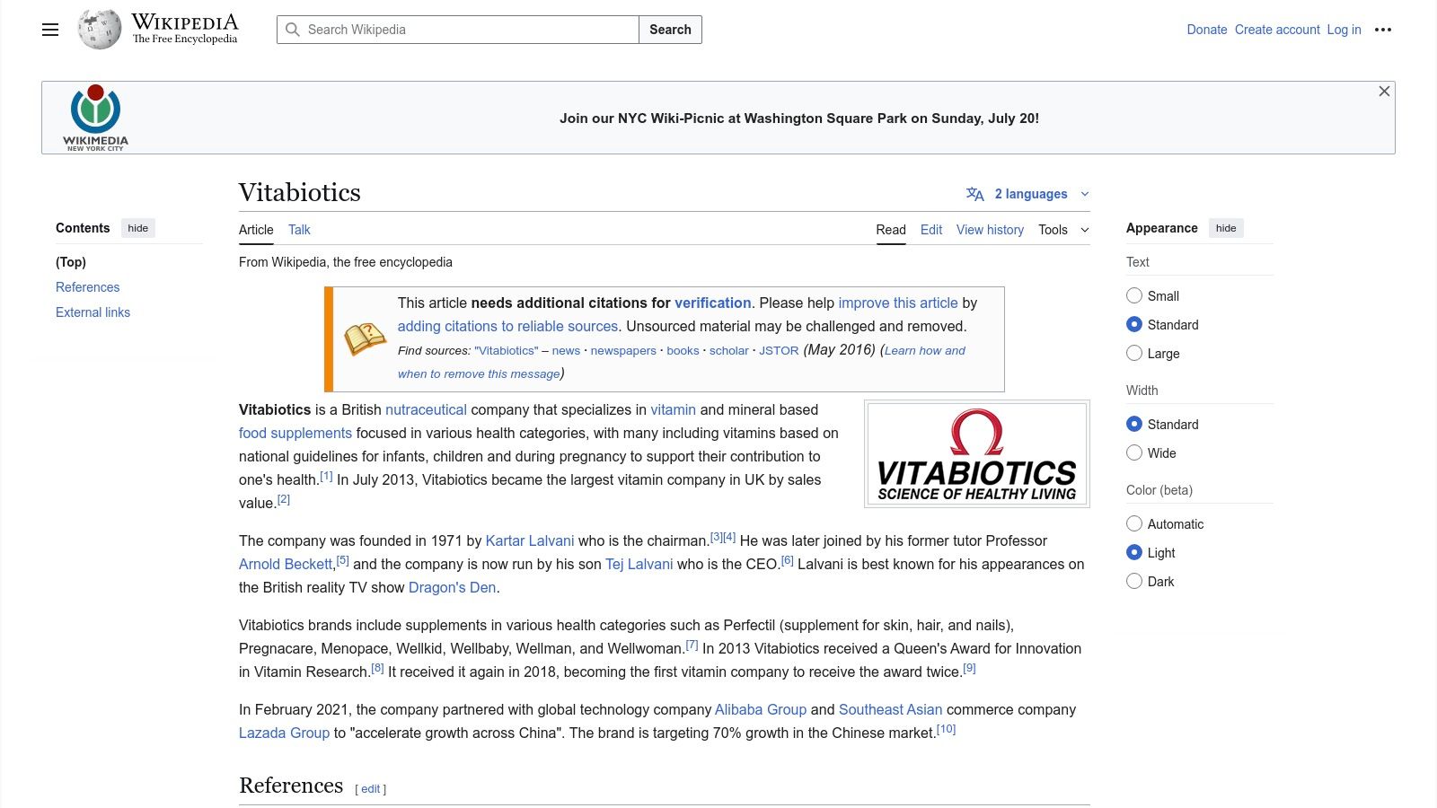 The Vitabiotics website homepage showcasing their award-winning products against a clean, scientific-themed background.