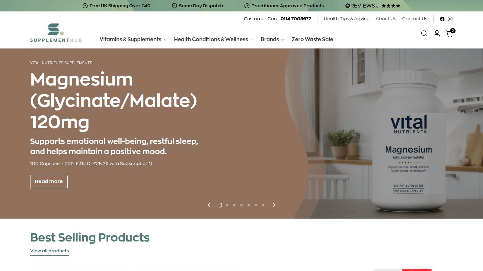 Supplement Hub UK website homepage showing a search bar and featured product categories.