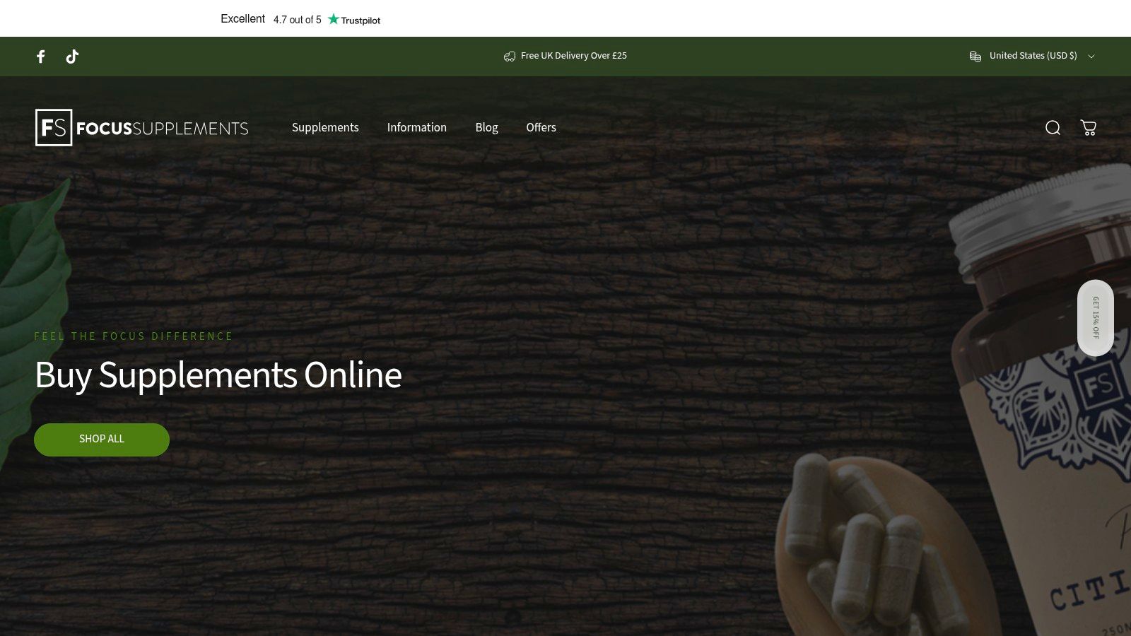 Focus Supplements website screenshot showing their product range.