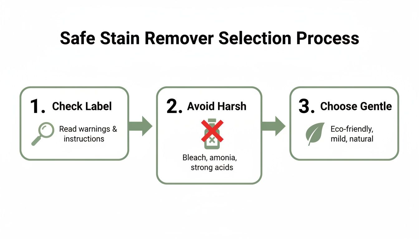 A flowchart outlining a safe stain remover selection process, emphasizing checking labels and choosing gentle, eco-friendly products.