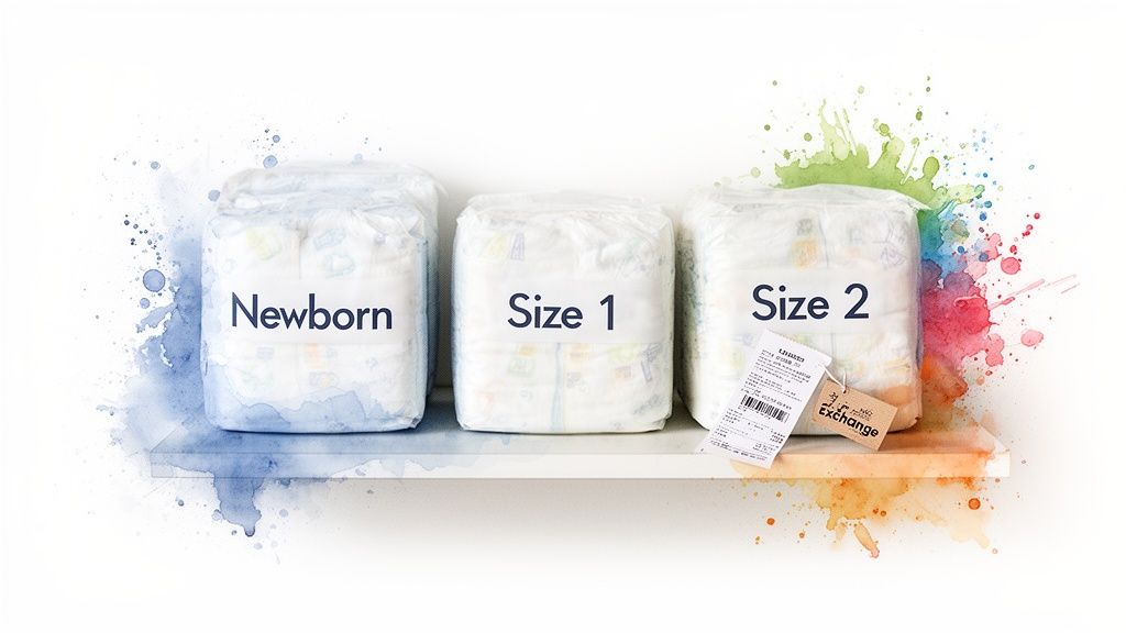 Three packages of baby diapers, Newborn, Size 1, and Size 2, on a shelf with watercolor splatters.