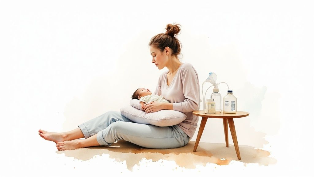A mother breastfeeding her baby in a comfortable, sunlit room.