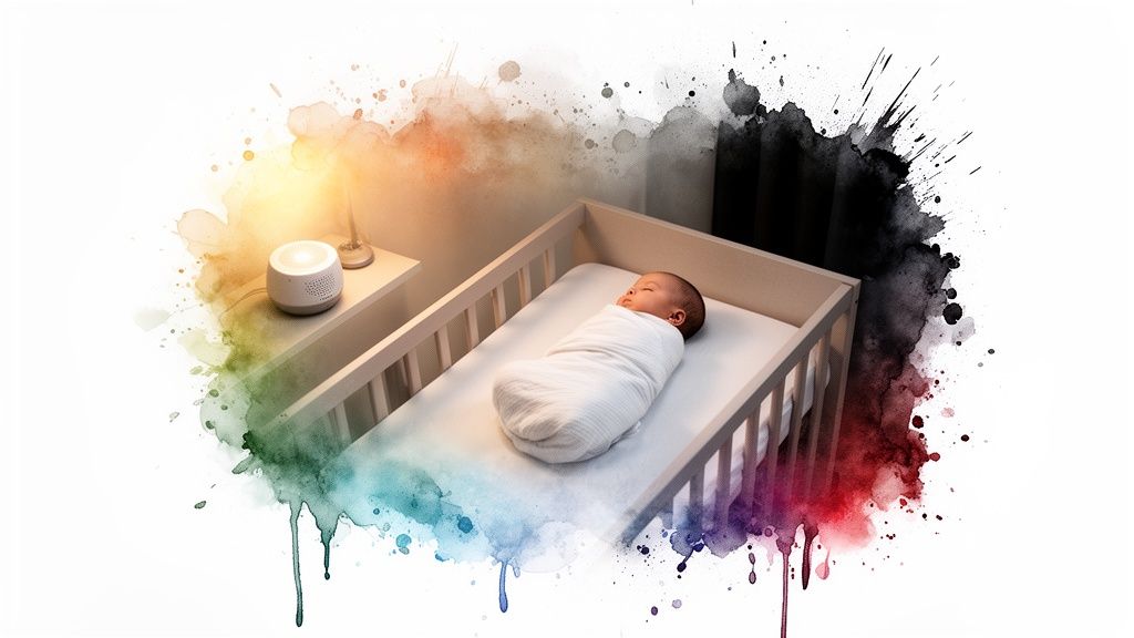 Newborn baby swaddled and sleeping soundly in a crib with a white noise machine nearby.