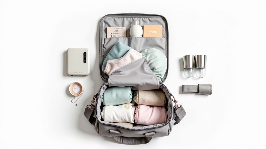 A neatly organized suitcase with baby clothes, toys, and travel essentials packed in cubes.