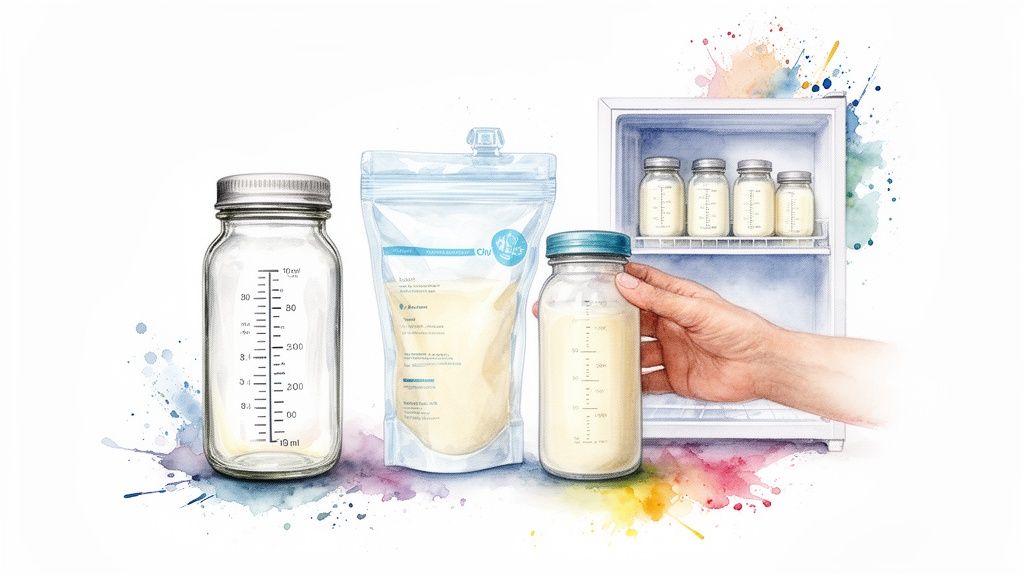 Various breast milk storage options including bottles, bags, and a hand putting milk in a mini-fridge.