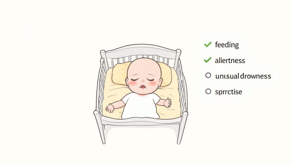 A mother holds her sleeping baby close, looking calm and reassured.