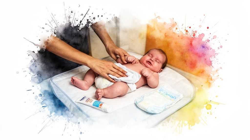 Parent's hands gently change a crying baby's diaper on a pad, with cream and clean diaper.